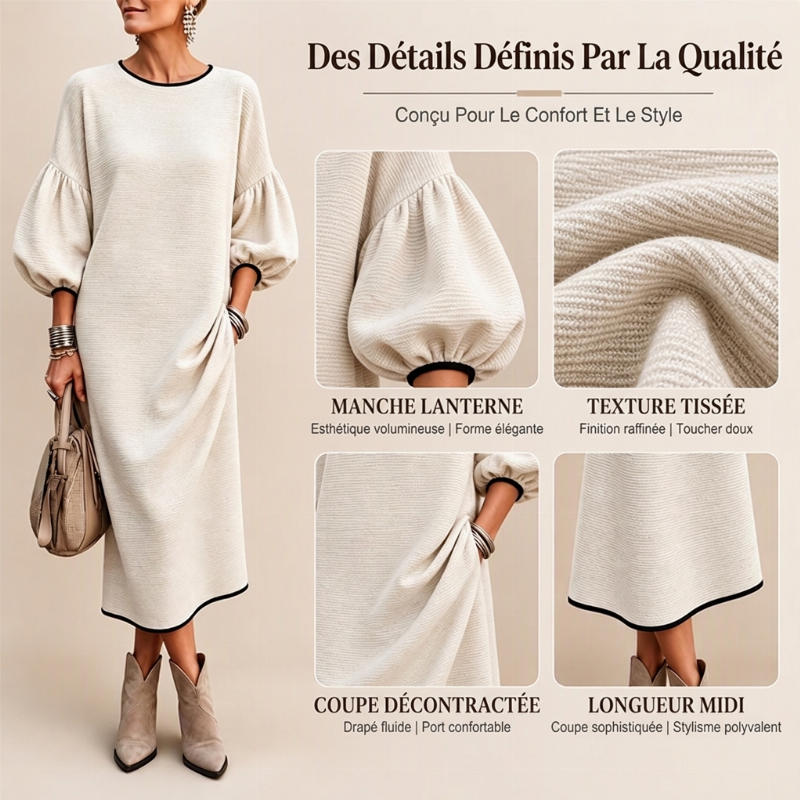 Robe midi en maille texturée à manches bouffantes pour femmes