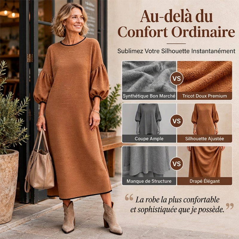 Robe midi en maille texturée à manches bouffantes pour femmes