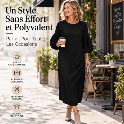Robe midi en maille texturée à manches bouffantes pour femmes