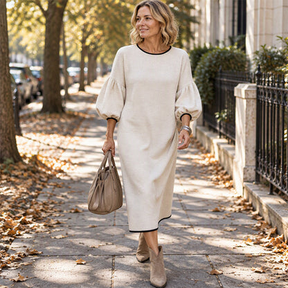 Robe midi en maille texturée à manches bouffantes pour femmes