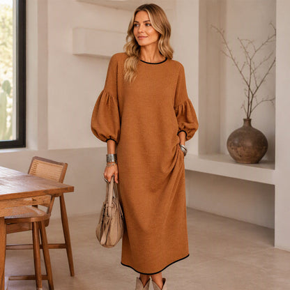 Robe midi en maille texturée à manches bouffantes pour femmes