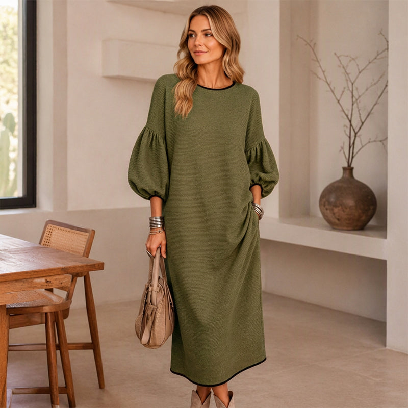 Robe midi en maille texturée à manches bouffantes pour femmes