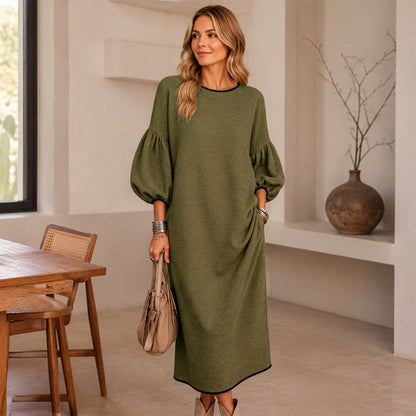 Robe midi en maille texturée à manches bouffantes pour femmes
