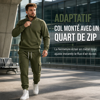 Ensemble de survêtement deux pièces pour homme : sweat-shirt demi-zip et joggings cargo