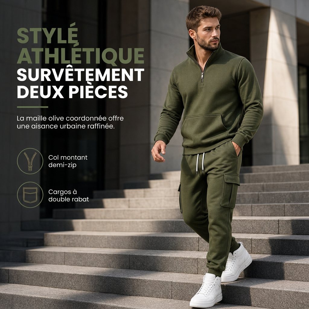 Ensemble de survêtement deux pièces pour homme : sweat-shirt demi-zip et joggings cargo