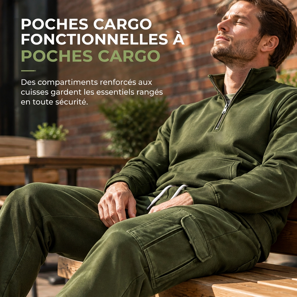 Ensemble de survêtement deux pièces pour homme : sweat-shirt demi-zip et joggings cargo