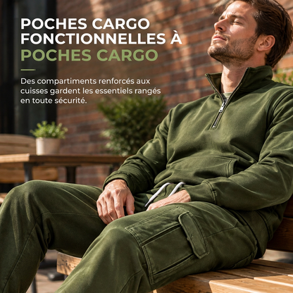 Ensemble de survêtement deux pièces pour homme : sweat-shirt demi-zip et joggings cargo