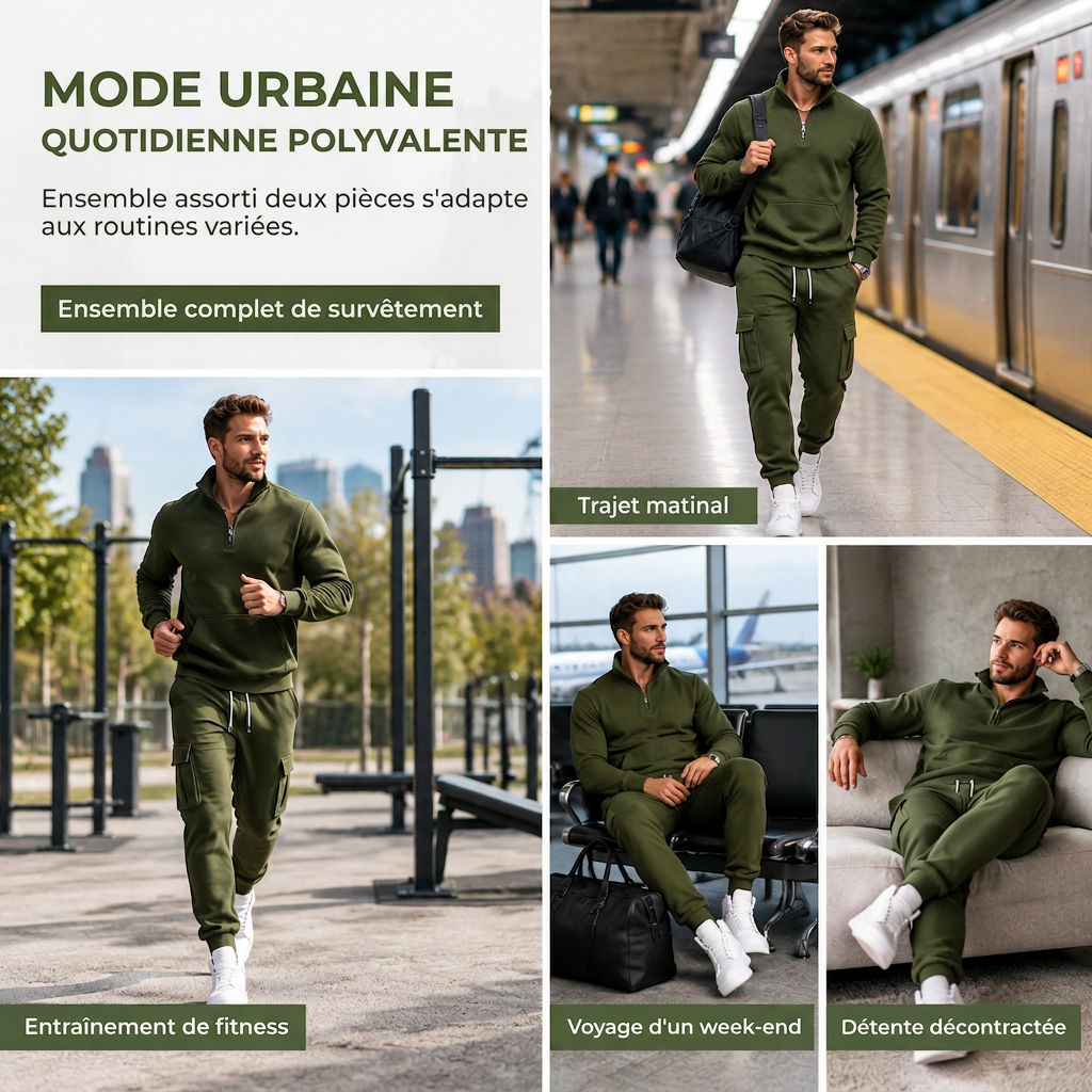 Ensemble de survêtement deux pièces pour homme : sweat-shirt demi-zip et joggings cargo