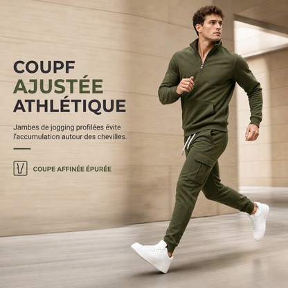 Ensemble de survêtement deux pièces pour homme : sweat-shirt demi-zip et joggings cargo