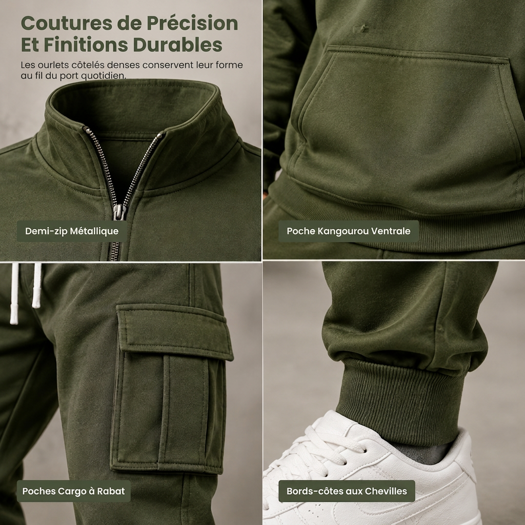 Ensemble de survêtement deux pièces pour homme : sweat-shirt demi-zip et joggings cargo