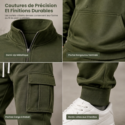 Ensemble de survêtement deux pièces pour homme : sweat-shirt demi-zip et joggings cargo