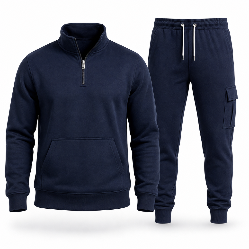 Ensemble de survêtement deux pièces pour homme : sweat-shirt demi-zip et joggings cargo
