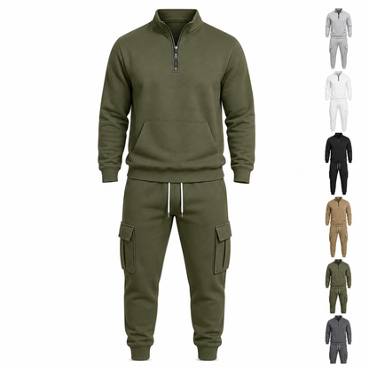 Ensemble de survêtement deux pièces pour homme : sweat-shirt demi-zip et joggings cargo