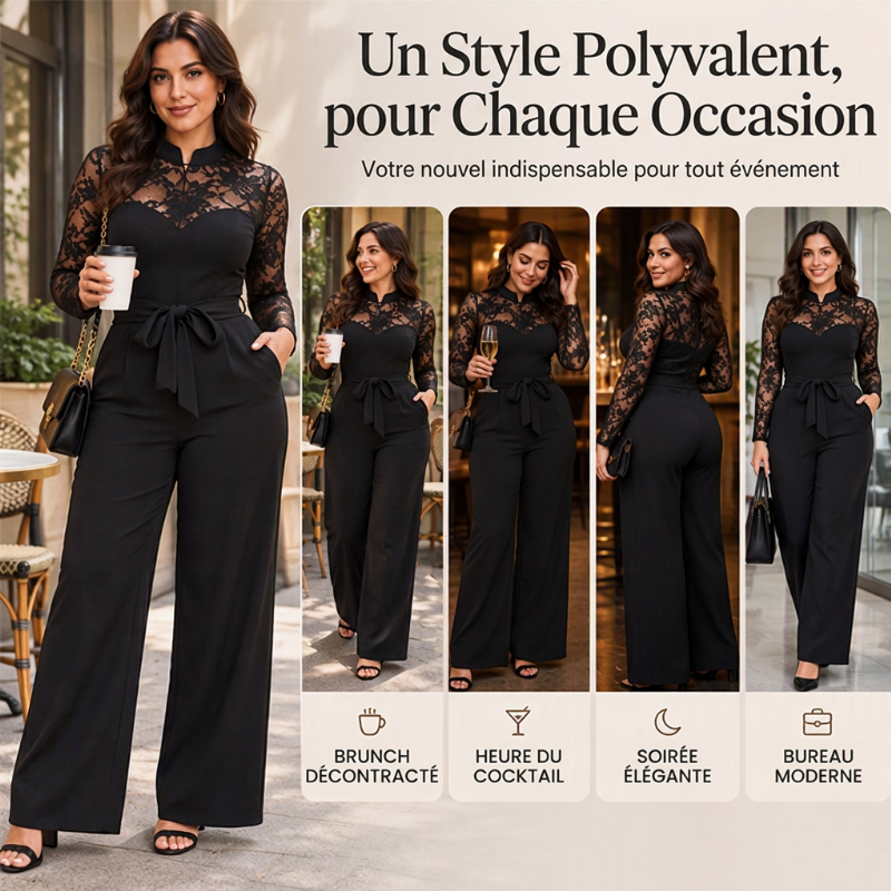 Combinaison élégante femme avec patchwork en dentelle et ceinture
