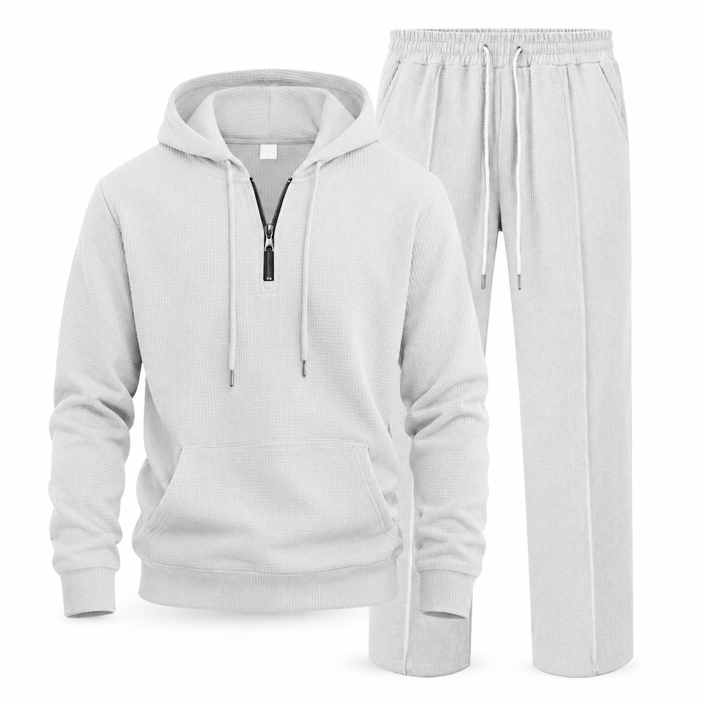 Ensemble de survêtement décontracté 2 pièces en maille gaufrée pour homme : sweat à capuche demi-zip et pantalon à jambe droite