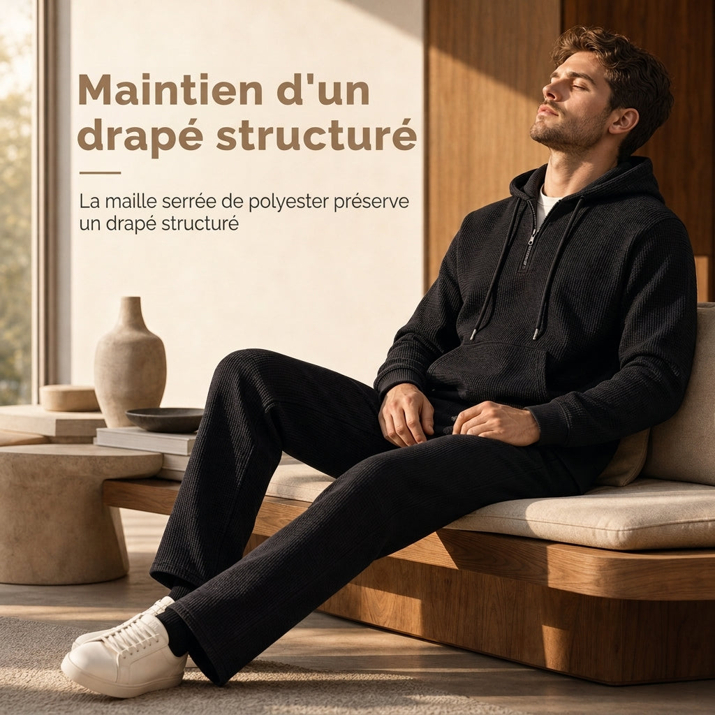 Ensemble de survêtement décontracté 2 pièces en maille gaufrée pour homme : sweat à capuche demi-zip et pantalon à jambe droite
