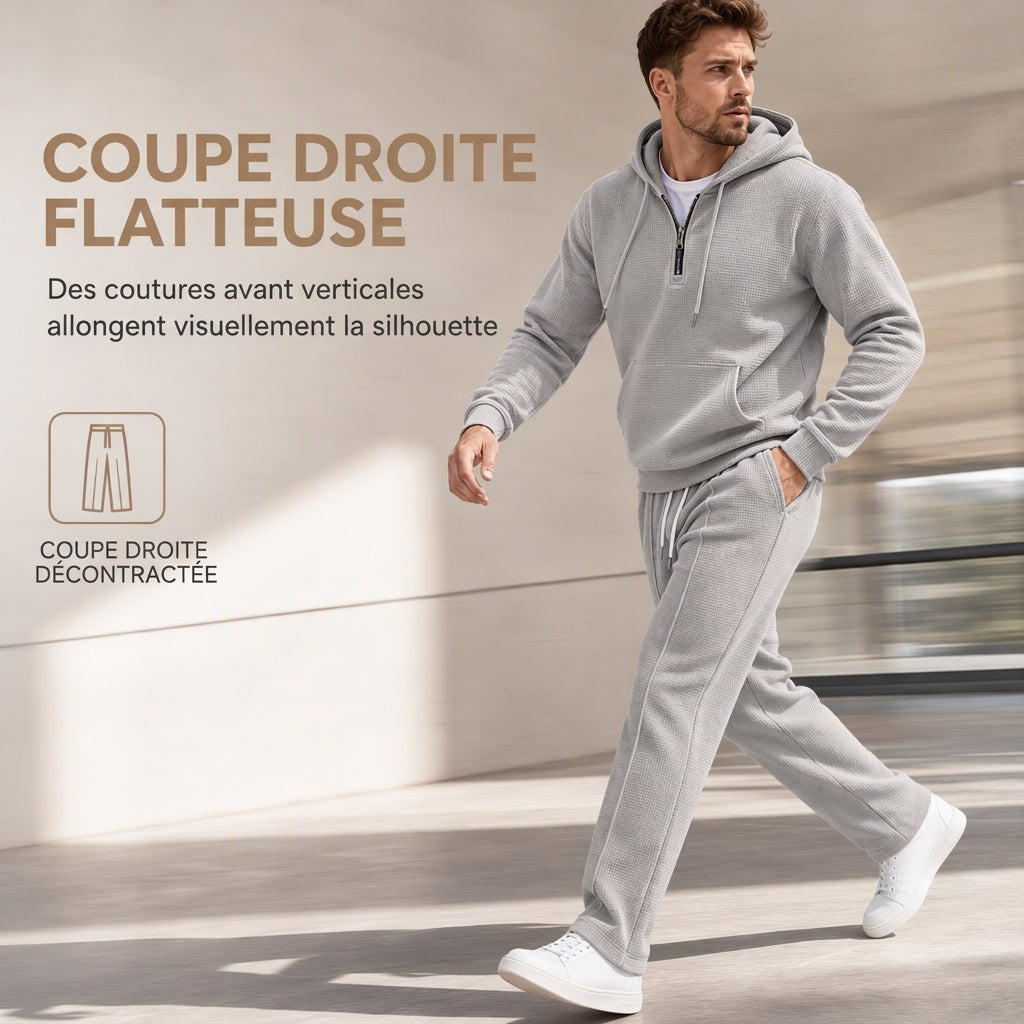 Ensemble de survêtement décontracté 2 pièces en maille gaufrée pour homme : sweat à capuche demi-zip et pantalon à jambe droite