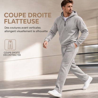 Ensemble de survêtement décontracté 2 pièces en maille gaufrée pour homme : sweat à capuche demi-zip et pantalon à jambe droite