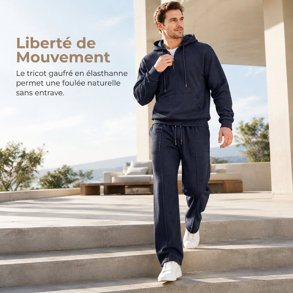 Ensemble de survêtement décontracté 2 pièces en maille gaufrée pour homme : sweat à capuche demi-zip et pantalon à jambe droite