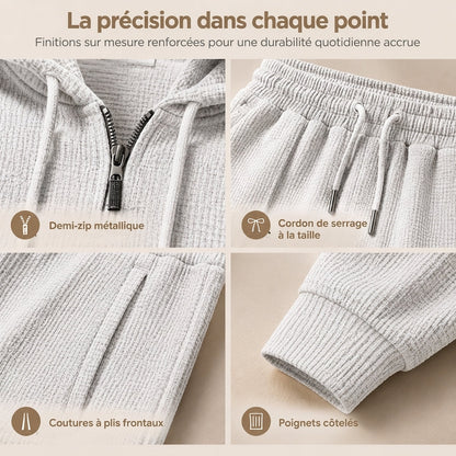 Ensemble de survêtement décontracté 2 pièces en maille gaufrée pour homme : sweat à capuche demi-zip et pantalon à jambe droite