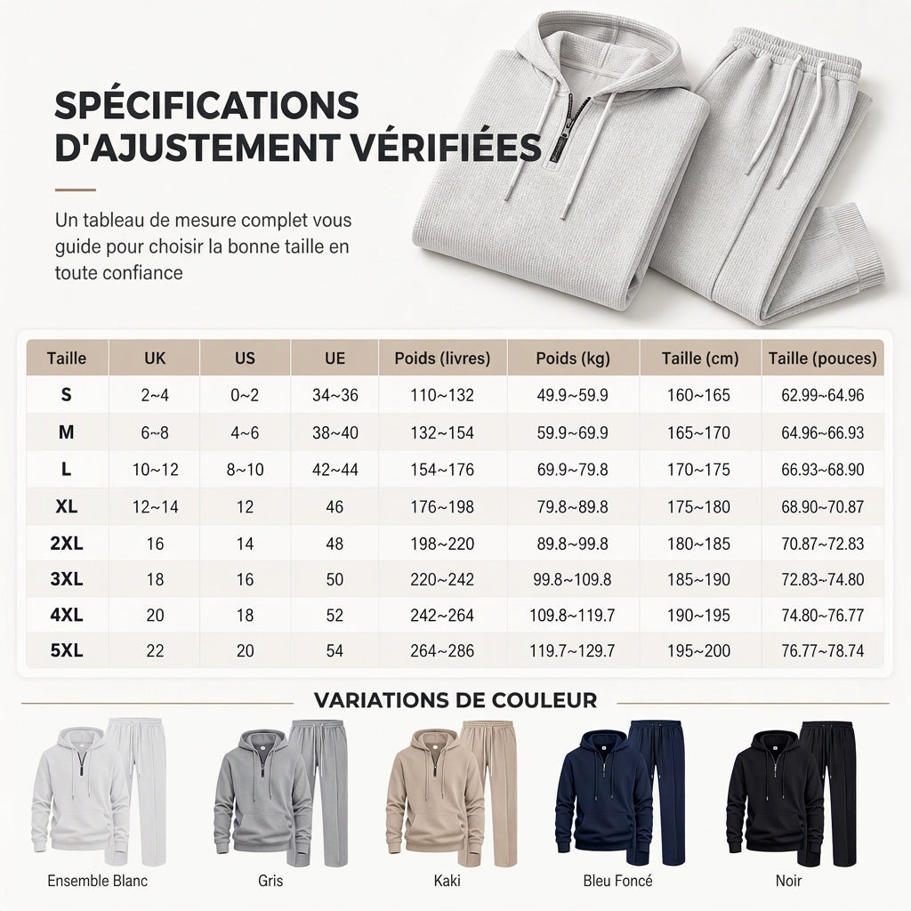 Ensemble de survêtement décontracté 2 pièces en maille gaufrée pour homme : sweat à capuche demi-zip et pantalon à jambe droite