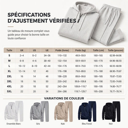 Ensemble de survêtement décontracté 2 pièces en maille gaufrée pour homme : sweat à capuche demi-zip et pantalon à jambe droite
