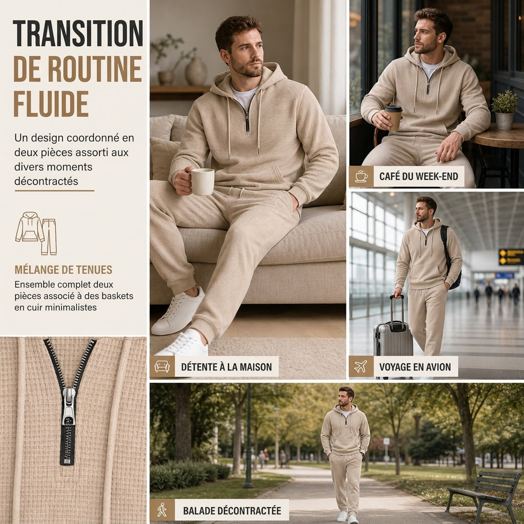 Ensemble de survêtement décontracté 2 pièces en maille gaufrée pour homme : sweat à capuche demi-zip et pantalon à jambe droite