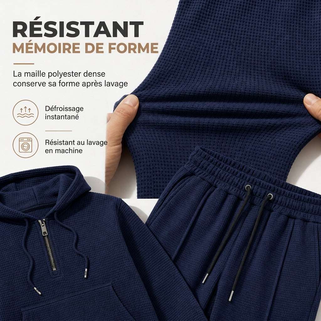 Ensemble de survêtement décontracté 2 pièces en maille gaufrée pour homme : sweat à capuche demi-zip et pantalon à jambe droite