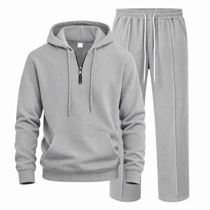 Ensemble de survêtement décontracté 2 pièces en maille gaufrée pour homme : sweat à capuche demi-zip et pantalon à jambe droite