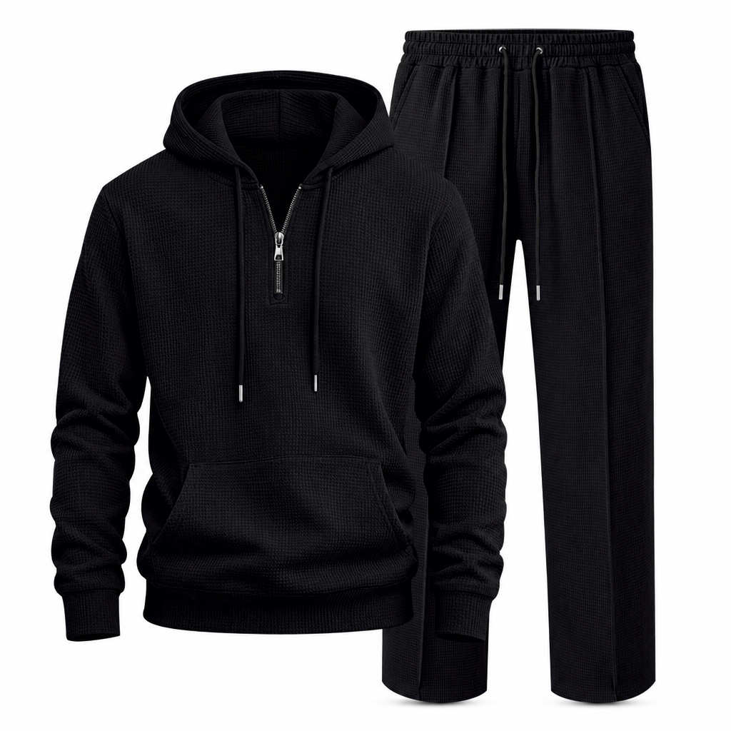 Ensemble de survêtement décontracté 2 pièces en maille gaufrée pour homme : sweat à capuche demi-zip et pantalon à jambe droite