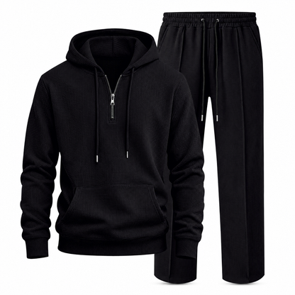 Ensemble de survêtement décontracté 2 pièces en maille gaufrée pour homme : sweat à capuche demi-zip et pantalon à jambe droite