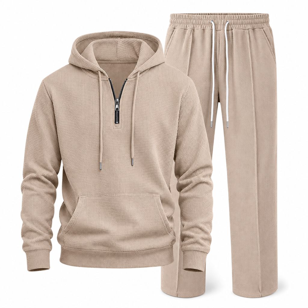 Ensemble de survêtement décontracté 2 pièces en maille gaufrée pour homme : sweat à capuche demi-zip et pantalon à jambe droite
