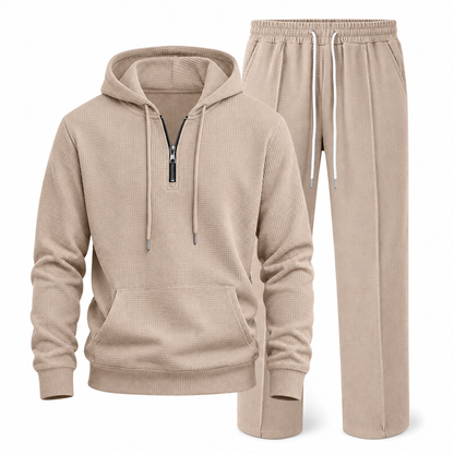Ensemble de survêtement décontracté 2 pièces en maille gaufrée pour homme : sweat à capuche demi-zip et pantalon à jambe droite