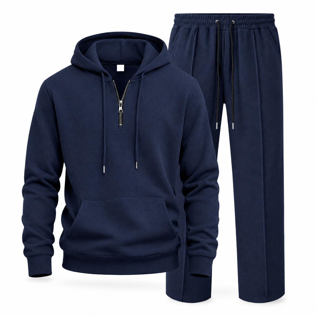 Ensemble de survêtement décontracté 2 pièces en maille gaufrée pour homme : sweat à capuche demi-zip et pantalon à jambe droite