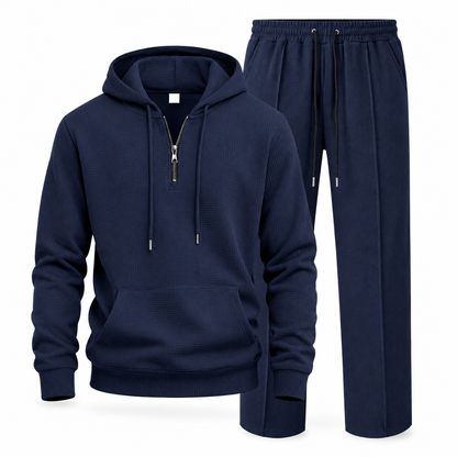 Ensemble de survêtement décontracté 2 pièces en maille gaufrée pour homme : sweat à capuche demi-zip et pantalon à jambe droite