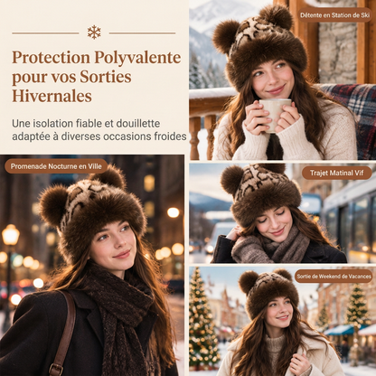 Bonnet d'hiver épais et chaud pour femme, à imprimé léopard vintage, avec oreilles d'ours en peluche et couvre-oreilles, style mongolien