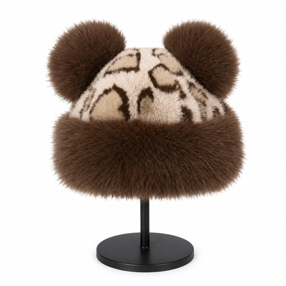 Bonnet d'hiver épais et chaud pour femme, à imprimé léopard vintage, avec oreilles d'ours en peluche et couvre-oreilles, style mongolien