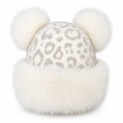 Bonnet d'hiver épais et chaud pour femme, à imprimé léopard vintage, avec oreilles d'ours en peluche et couvre-oreilles, style mongolien