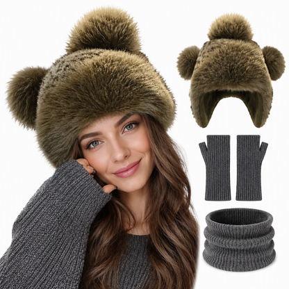 Bonnet d'hiver épais et chaud pour femme, à imprimé léopard vintage, avec oreilles d'ours en peluche et couvre-oreilles, style mongolien