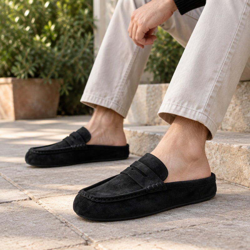 Mocassins / Demi-chaussons à semelle compensée en similicuir daim pour homme