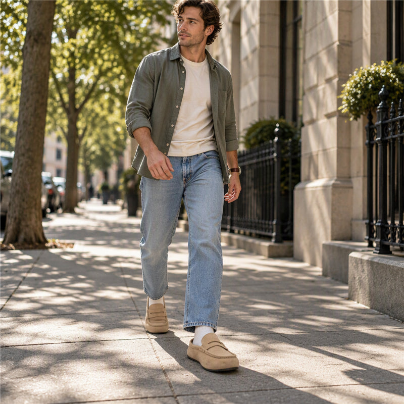 Mocassins / Demi-chaussons à semelle compensée en similicuir daim pour homme