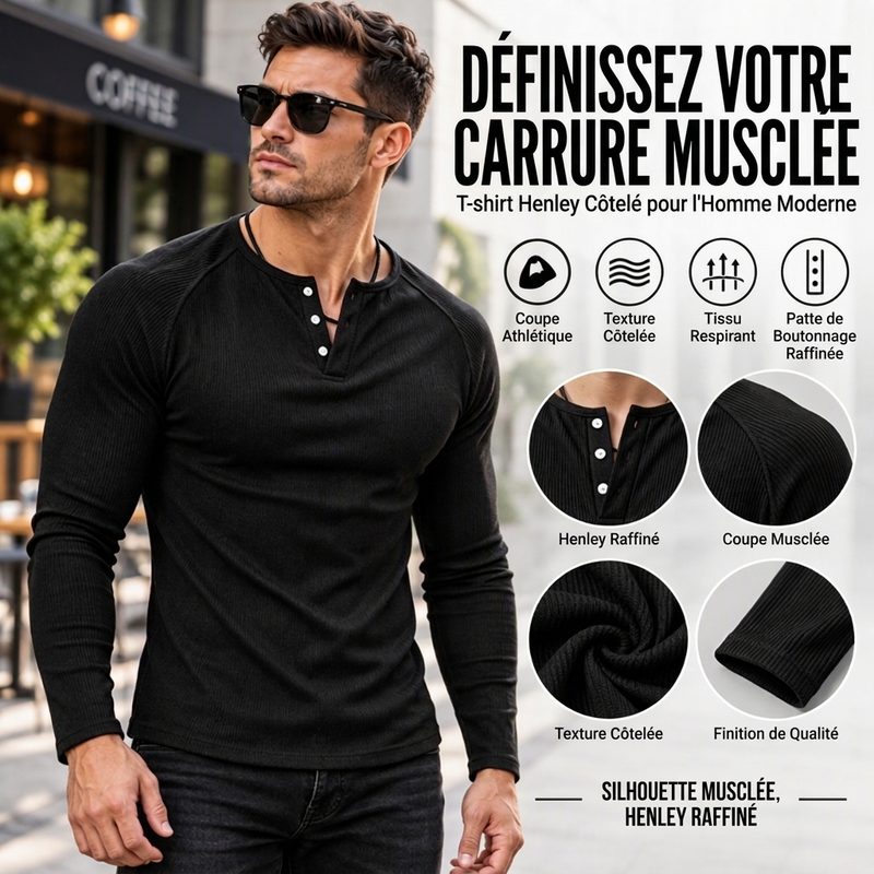 T-shirt Henley côtelé décontracté et ajusté pour homme