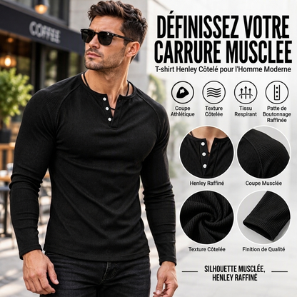 T-shirt Henley côtelé décontracté et ajusté pour homme
