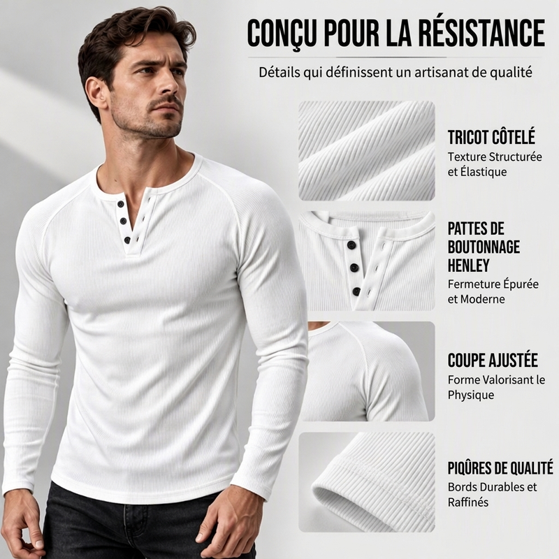T-shirt Henley côtelé décontracté et ajusté pour homme