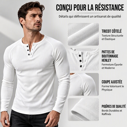 T-shirt Henley côtelé décontracté et ajusté pour homme