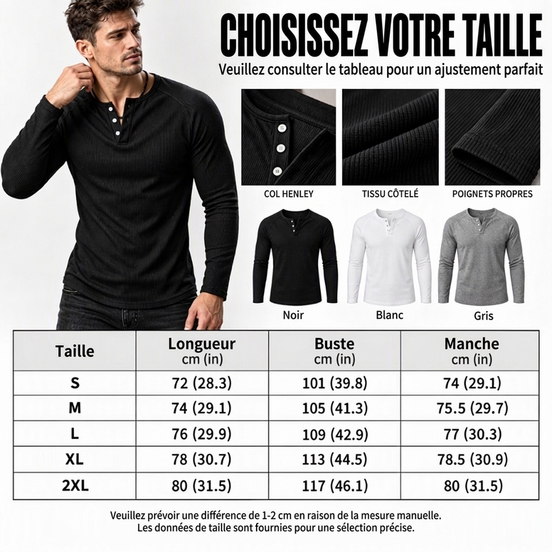 T-shirt Henley côtelé décontracté et ajusté pour homme