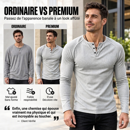 T-shirt Henley côtelé décontracté et ajusté pour homme