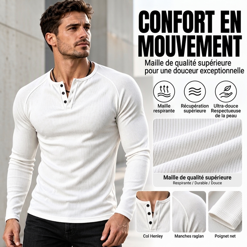 T-shirt Henley côtelé décontracté et ajusté pour homme
