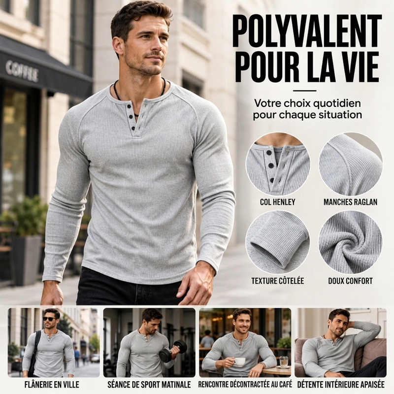 T-shirt Henley côtelé décontracté et ajusté pour homme