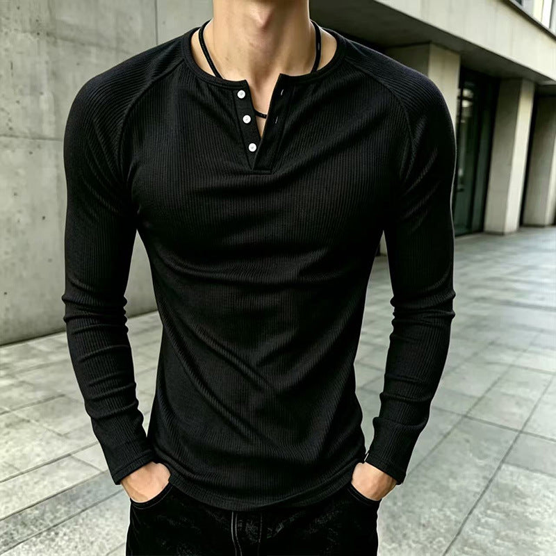 T-shirt Henley côtelé décontracté et ajusté pour homme